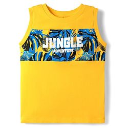 Pine Kids Single Jersey Knit Sleeveless Shorts Night Suit With Leaf Print - Yellow & Blue