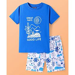 Pine Kids Single Jersey Knit Half Sleeves Shorts Night Suit with Text Print - Blue