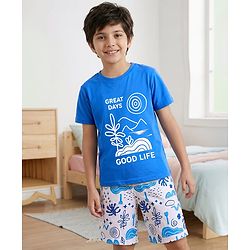 Pine Kids Single Jersey Knit Half Sleeves Shorts Night Suit with Text Print - Blue