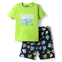 Pine Kids Single Jersey Knit Half Sleeves Shorts Night Suit with Super Racer Text Print - Limegreen