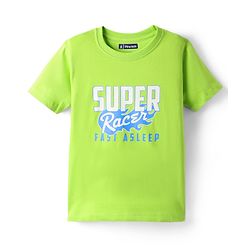 Pine Kids Single Jersey Knit Half Sleeves Shorts Night Suit with Super Racer Text Print - Limegreen