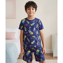 Pine Kids Single Jersey Knit Half Sleeves Shorts Night Suit With Snacks Print - Navy Blue