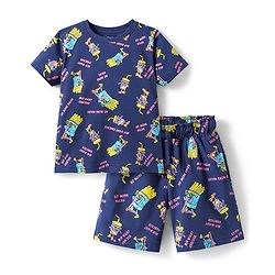 Pine Kids Single Jersey Knit Half Sleeves Shorts Night Suit With Snacks Print - Navy Blue