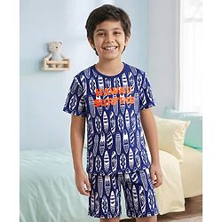 Pine Kids Single Jersey Knit Half Sleeves Shorts Night Suit With Surfing Print - Navy Blue