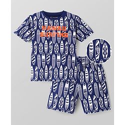 Pine Kids Single Jersey Knit Half Sleeves Shorts Night Suit With Surfing Print - Navy Blue