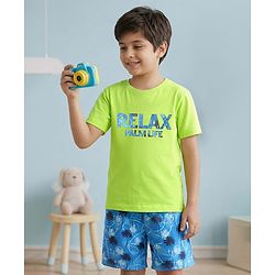Pine Kids Single Jersey Knit Half Sleeves Palm Tree Printed Shorts Night Suit - Limegreen & Blue