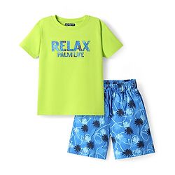 Pine Kids Single Jersey Knit Half Sleeves Palm Tree Printed Shorts Night Suit - Limegreen & Blue