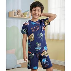 Pine Kids Single Jersey Knit Half Sleeves Shorts Night Suit With Text Print - Navy Blue