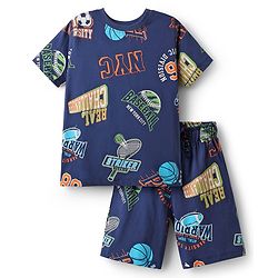 Pine Kids Single Jersey Knit Half Sleeves Shorts Night Suit With Text Print - Navy Blue