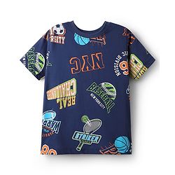 Pine Kids Single Jersey Knit Half Sleeves Shorts Night Suit With Text Print - Navy Blue