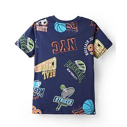 Pine Kids Single Jersey Knit Half Sleeves Shorts Night Suit With Text Print - Navy Blue