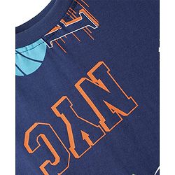 Pine Kids Single Jersey Knit Half Sleeves Shorts Night Suit With Text Print - Navy Blue