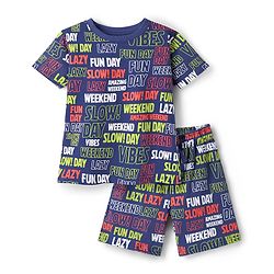 Pine Kids Single Jersey Knit Half Sleeves Co-ords Shorts Night Suit With Text Print - Navy Blue