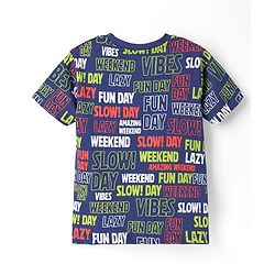 Pine Kids Single Jersey Knit Half Sleeves Co-ords Shorts Night Suit With Text Print - Navy Blue
