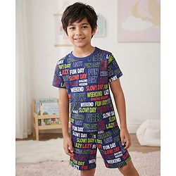 Pine Kids Single Jersey Knit Half Sleeves Co-ords Shorts Night Suit With Text Print - Navy Blue