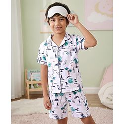 Pine Kids Single Jersey Half Sleeves Shorts Night Suit With Beach Theme Print - White