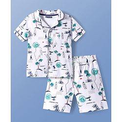 Pine Kids Single Jersey Half Sleeves Shorts Night Suit With Beach Theme Print - White