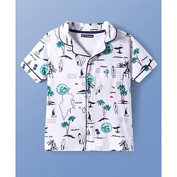 Pine Kids Single Jersey Half Sleeves Shorts Night Suit With Beach Theme Print - White