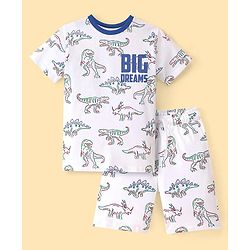 Pine Kids Single Jersey Knit Half Sleeves Shorts Night Suit With Dino Print - White