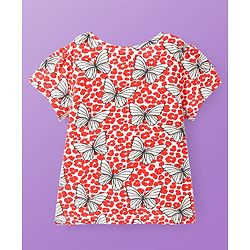Pine Kids Single Jersey Knit Half Sleeves Night Suit With Butterfly Print - White & Red