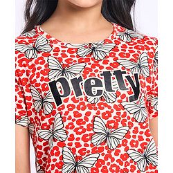 Pine Kids Single Jersey Knit Half Sleeves Night Suit With Butterfly Print - White & Red