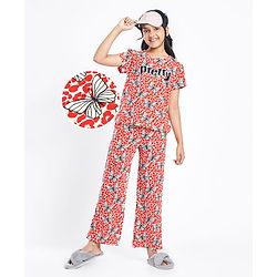Pine Kids Single Jersey Knit Half Sleeves Night Suit With Butterfly Print - White & Red
