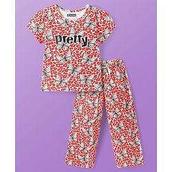 Pine Kids Single Jersey Knit Half Sleeves Night Suit With Butterfly Print - White & Red