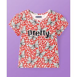 Pine Kids Single Jersey Knit Half Sleeves Night Suit With Butterfly Print - White & Red