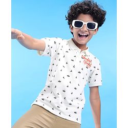 Pine Kids Cotton Knit Half Sleeves Polo T-Shirt with Ship Print & Text Embroidery - White
