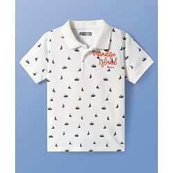 Pine Kids Cotton Knit Half Sleeves Polo T-Shirt with Ship Print & Text Embroidery - White
