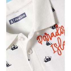 Pine Kids Cotton Knit Half Sleeves Polo T-Shirt with Ship Print & Text Embroidery - White