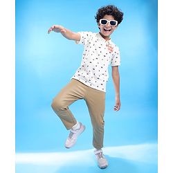Pine Kids Cotton Knit Half Sleeves Polo T-Shirt with Ship Print & Text Embroidery - White