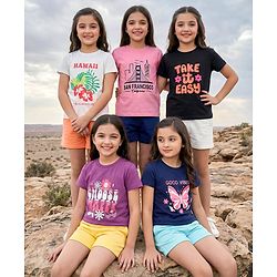 Pine Kids Cotton Knit Half Sleeves T-Shirts with Text Print Pack of 5 - Multicolor