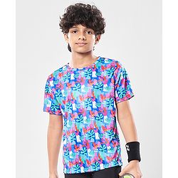 Pine Active Knit Half Sleeves T-Shirt with Tropical Theme Print - Multicolor