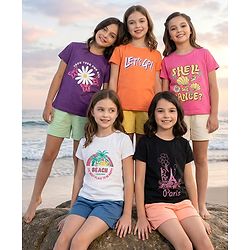 Pine Kids Cotton Knit Half Sleeves T-Shirt with Lets Go Text Print Pack of 5 - Pink & Orange