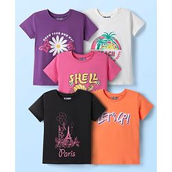 Pine Kids Cotton Knit Half Sleeves T-Shirt with Lets Go Text Print Pack of 5 - Pink & Orange
