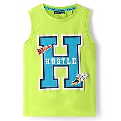 Pine Kids Cotton Knit Sleeveless Tank T-Shirt with Hustle Text Print - Limegreen