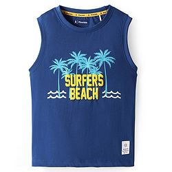 Pine Kids Cotton Knit Sleeveless Tank T-Shirt with Beach Theme Print - Blue