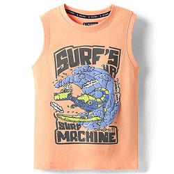 Pine Kids Cotton Knit Sleeveless Tank T-Shirt With Surf Machine Text Print - Coral