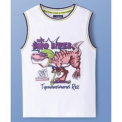Pine Kids Cotton Knit Sleeveless Tank T-Shirts with Dino Rider Text Print - White