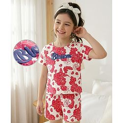 Pine Kids Single Jersey Knit Half Sleeves Co-ords Shorts Night Suit with Floral & Text Puff Print - Red & White