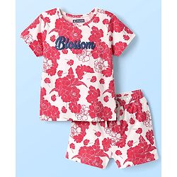 Pine Kids Single Jersey Knit Half Sleeves Co-ords Shorts Night Suit with Floral & Text Puff Print - Red & White
