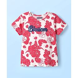 Pine Kids Single Jersey Knit Half Sleeves Co-ords Shorts Night Suit with Floral & Text Puff Print - Red & White