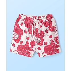Pine Kids Single Jersey Knit Half Sleeves Co-ords Shorts Night Suit with Floral & Text Puff Print - Red & White