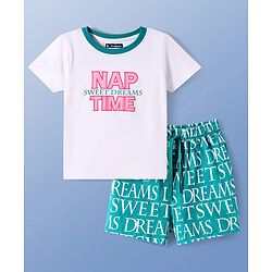 Pine Kids Single Jersey Knit Half Sleeves Shorts Night Suit With Text Print - White & Green