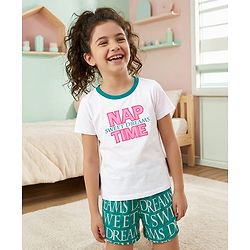 Pine Kids Single Jersey Knit Half Sleeves Shorts Night Suit With Text Print - White & Green
