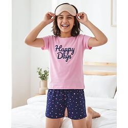 Pine Kids Single Jersey Knit Half Sleeves Shorts Nightsuit With Happy Days Text Print - Pink & Navy Blue