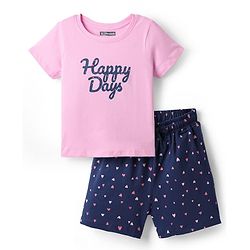 Pine Kids Single Jersey Knit Half Sleeves Shorts Nightsuit With Happy Days Text Print - Pink & Navy Blue