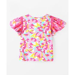 Pine Kids Cotton Knit Half Puffed Sleeves Printed Top - Pink