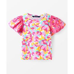 Pine Kids Cotton Knit Half Puffed Sleeves Printed Top - Pink